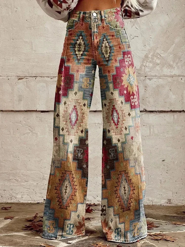 Plus Size Women Wide Leg Pants Faux Denim 3D Printed Flared Trousers Stretch Casual High Waist Fashion Yoga Pants