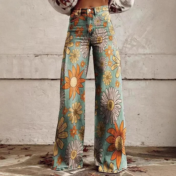 Plus Size Women Wide Leg Pants Faux Denim 3D Printed Flared Trousers Stretch Casual High Waist Fashion Yoga Pants