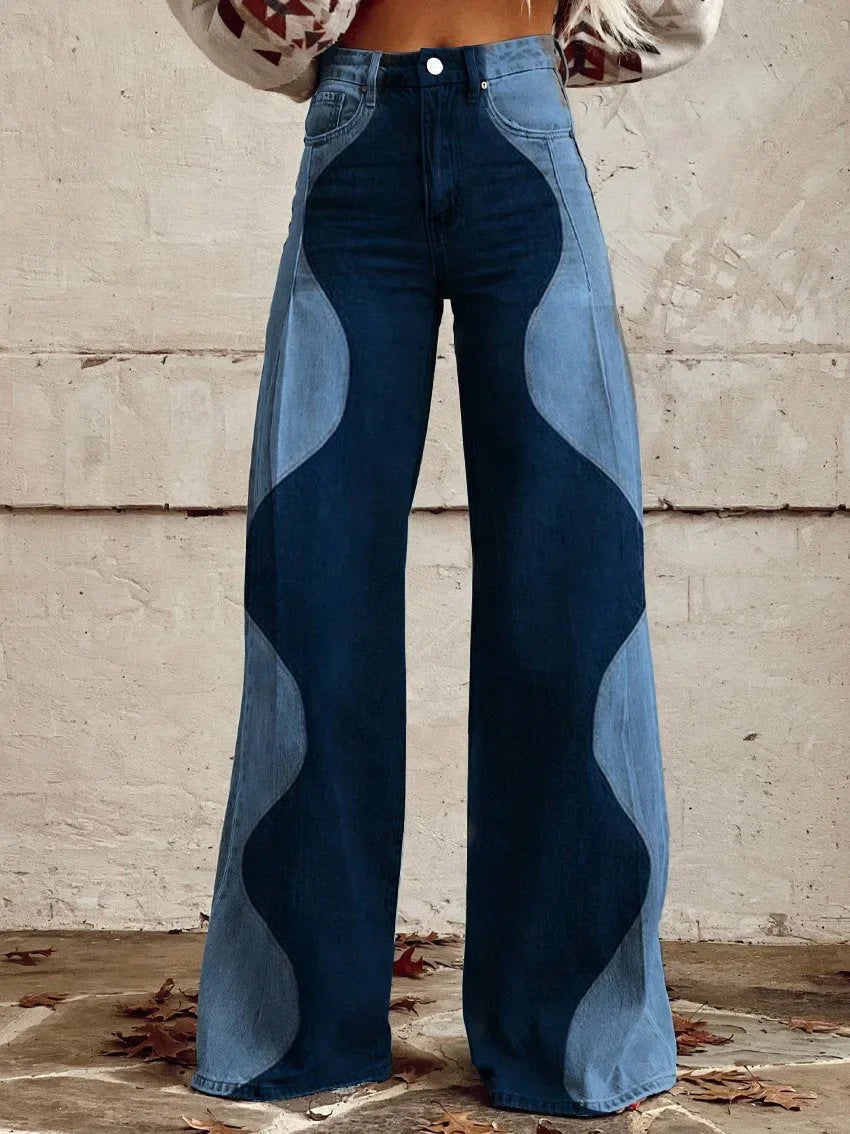 Plus Size Women Wide Leg Pants Faux Denim 3D Printed Flared Trousers Stretch Casual High Waist Fashion Yoga Pants
